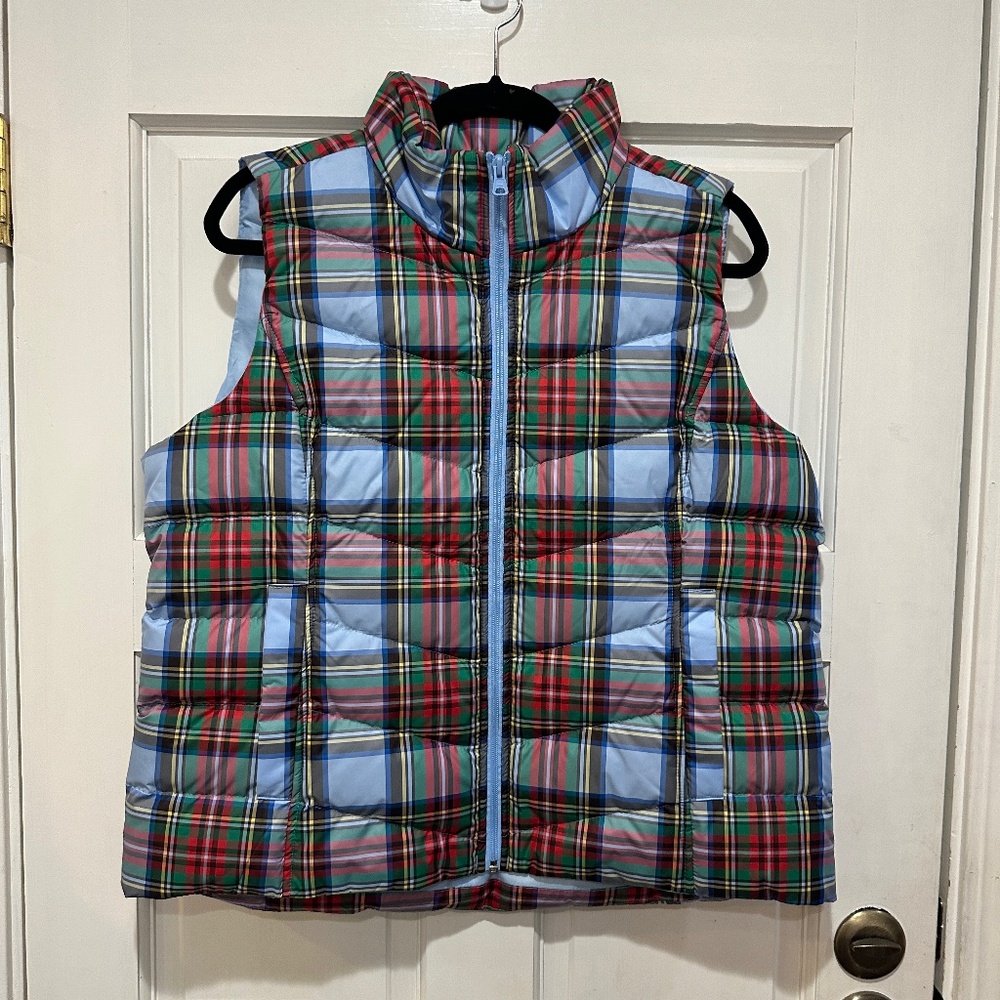 Lands' End Down Puffer Blue Red Plaid Women’s Large Petite 14-16 Zip Front